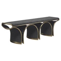 Rattan Bench with Velvet Upholstery Brass Inlay by R&Y Augousti