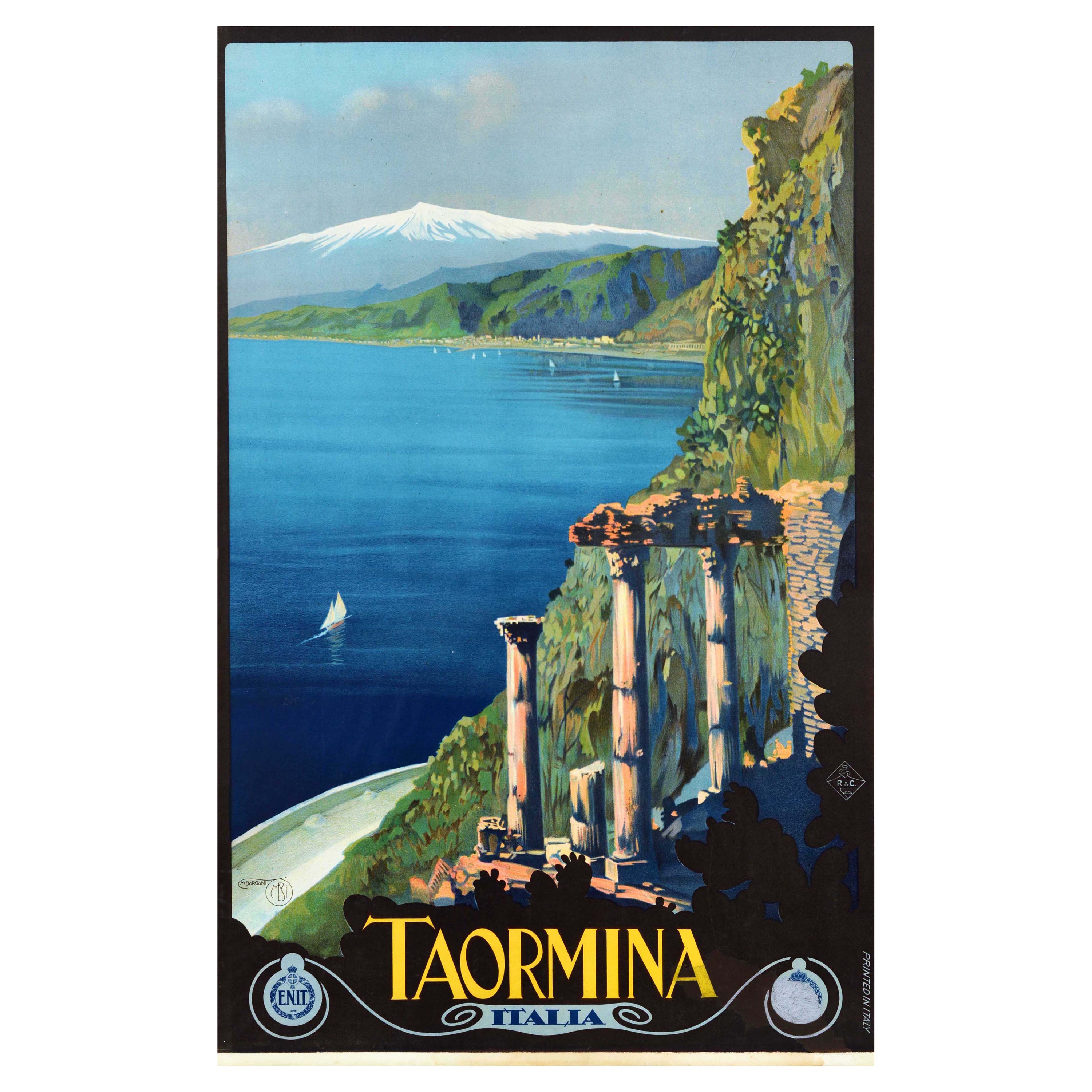 Original Vintage Travel Poster Taormina Sicily ENIT Italy Borgoni Mount Etna Art For Sale