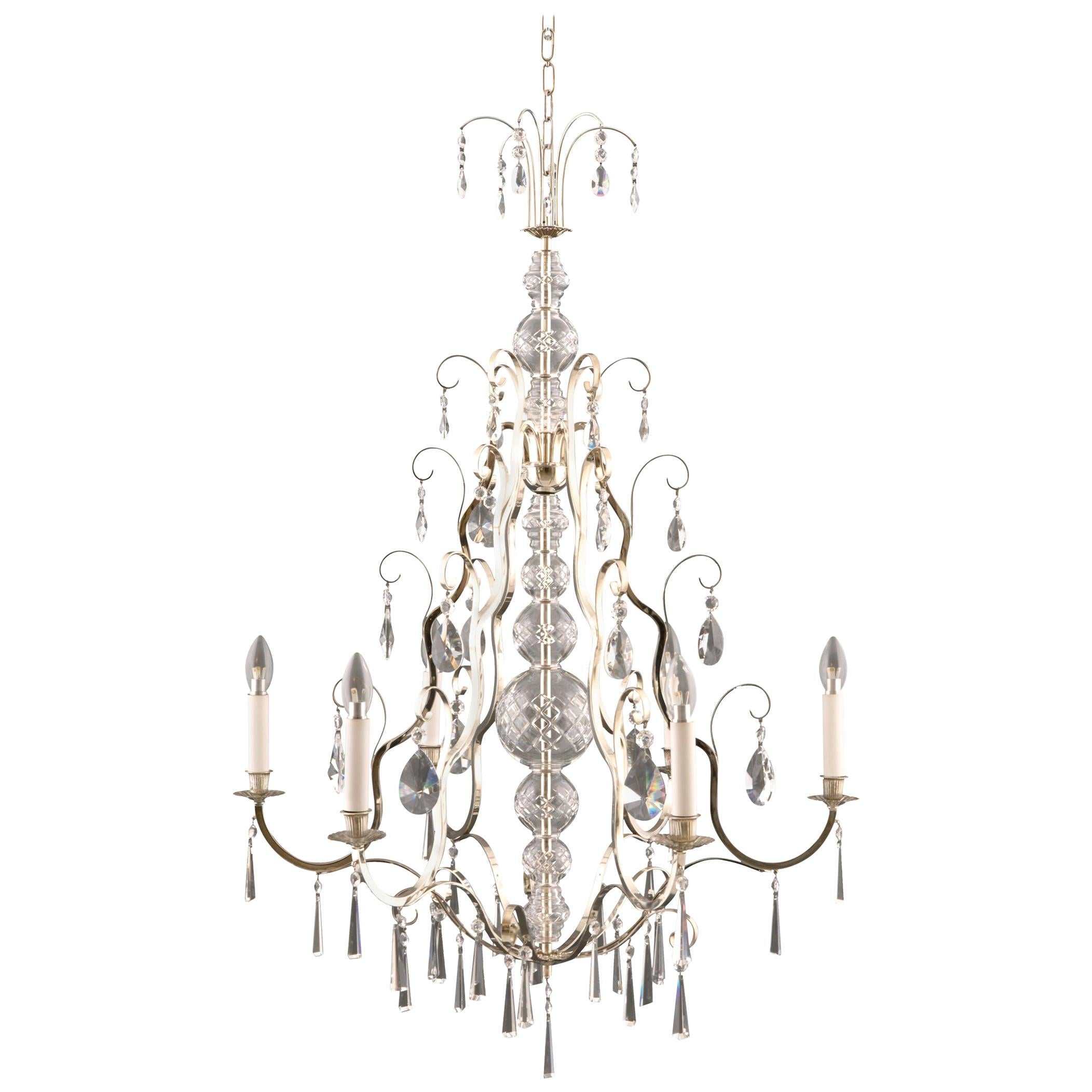 Art Deco Style Brass Crystal Glass Chandelier, Re Edition