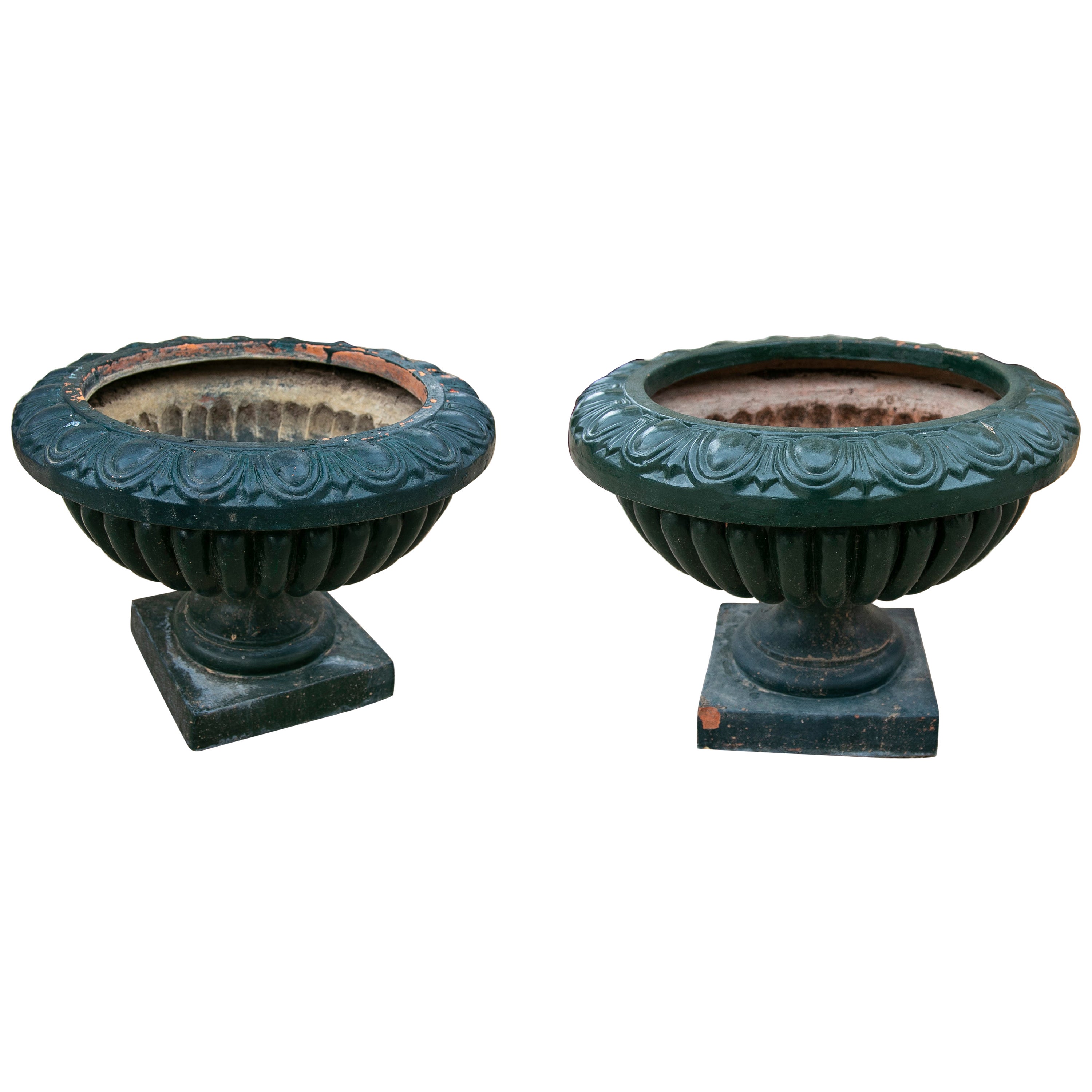 Pair of Green Painted Ceramic Flowerpots with Stand 