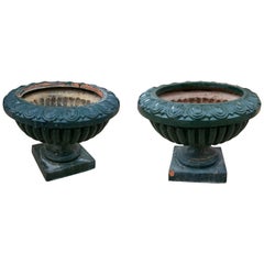 Used Pair of Green Painted Ceramic Flowerpots with Stand 
