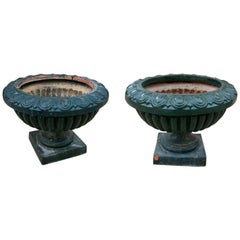 Pair of Green Painted Ceramic Flowerpots with Stand