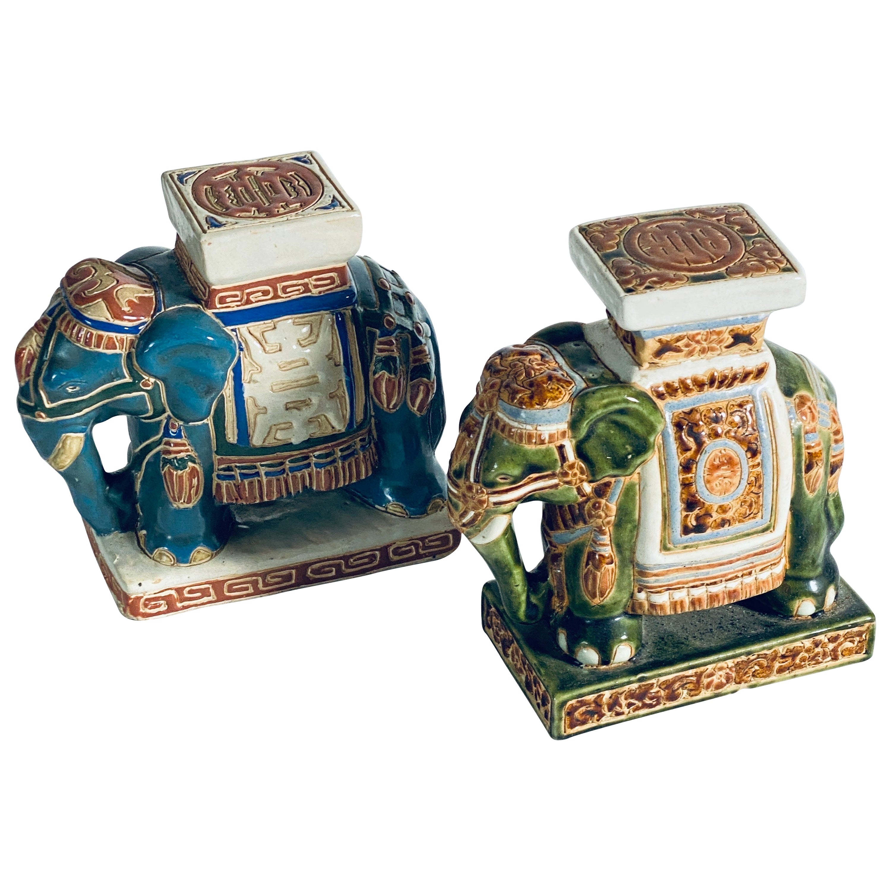 Pair of Ceramic Elephant Plant Holder, Blue and Green, China 20th Century