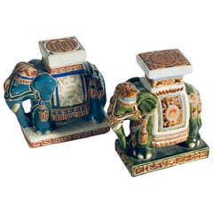 Vintage Pair of Ceramic Elephant Plant Holder, Blue and Green, China 20th Century