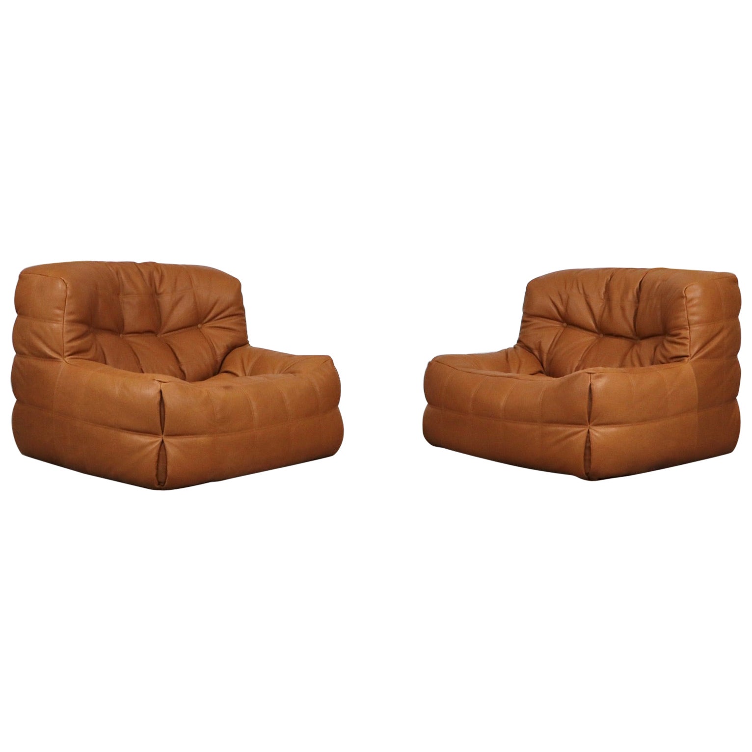 Pair of Ligne Roset Kashima Lounge Chairs in Cognac Leather by Michel Ducaroy