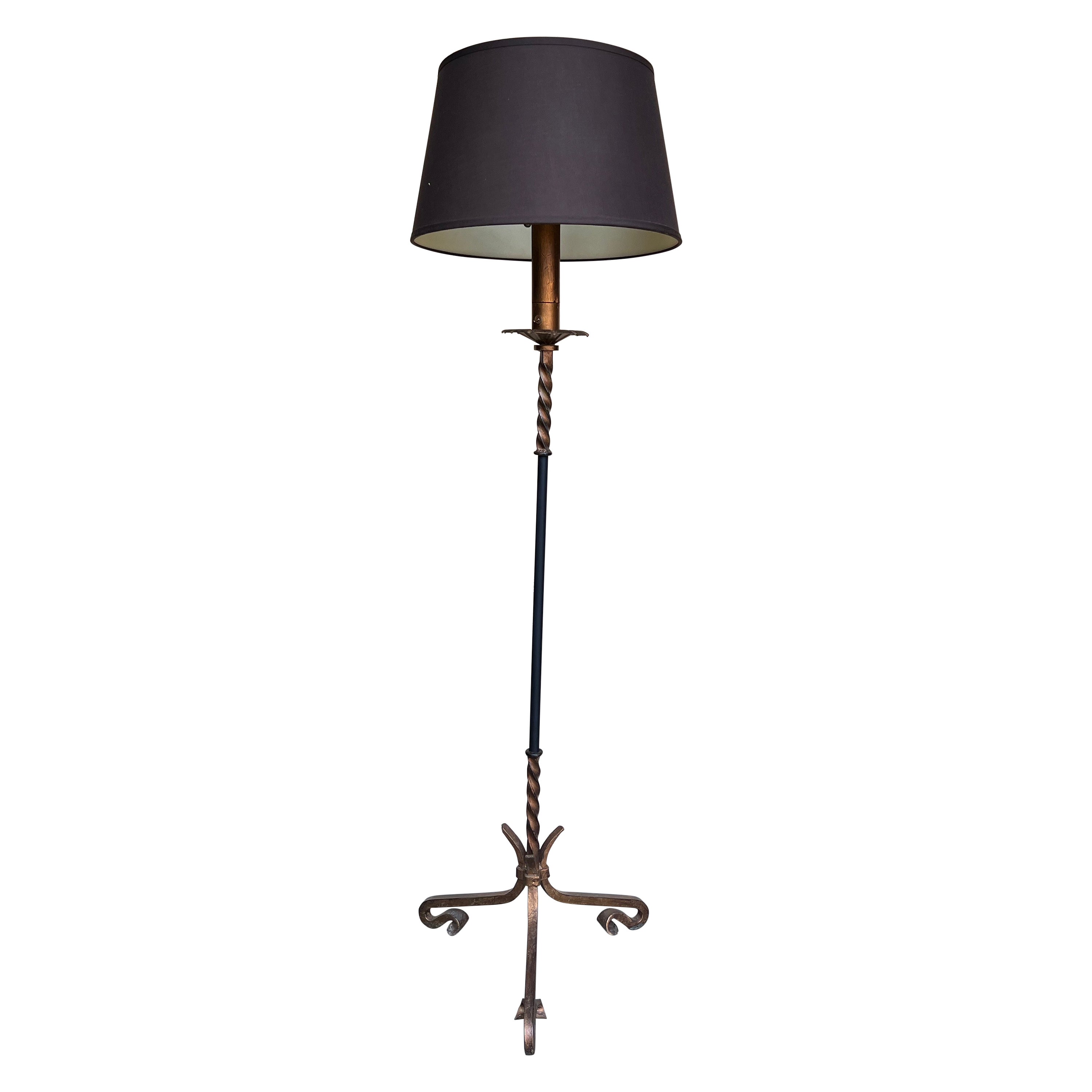 Spanish Gilt Iron Floor Lamp on Scrolled Tripod Base For Sale