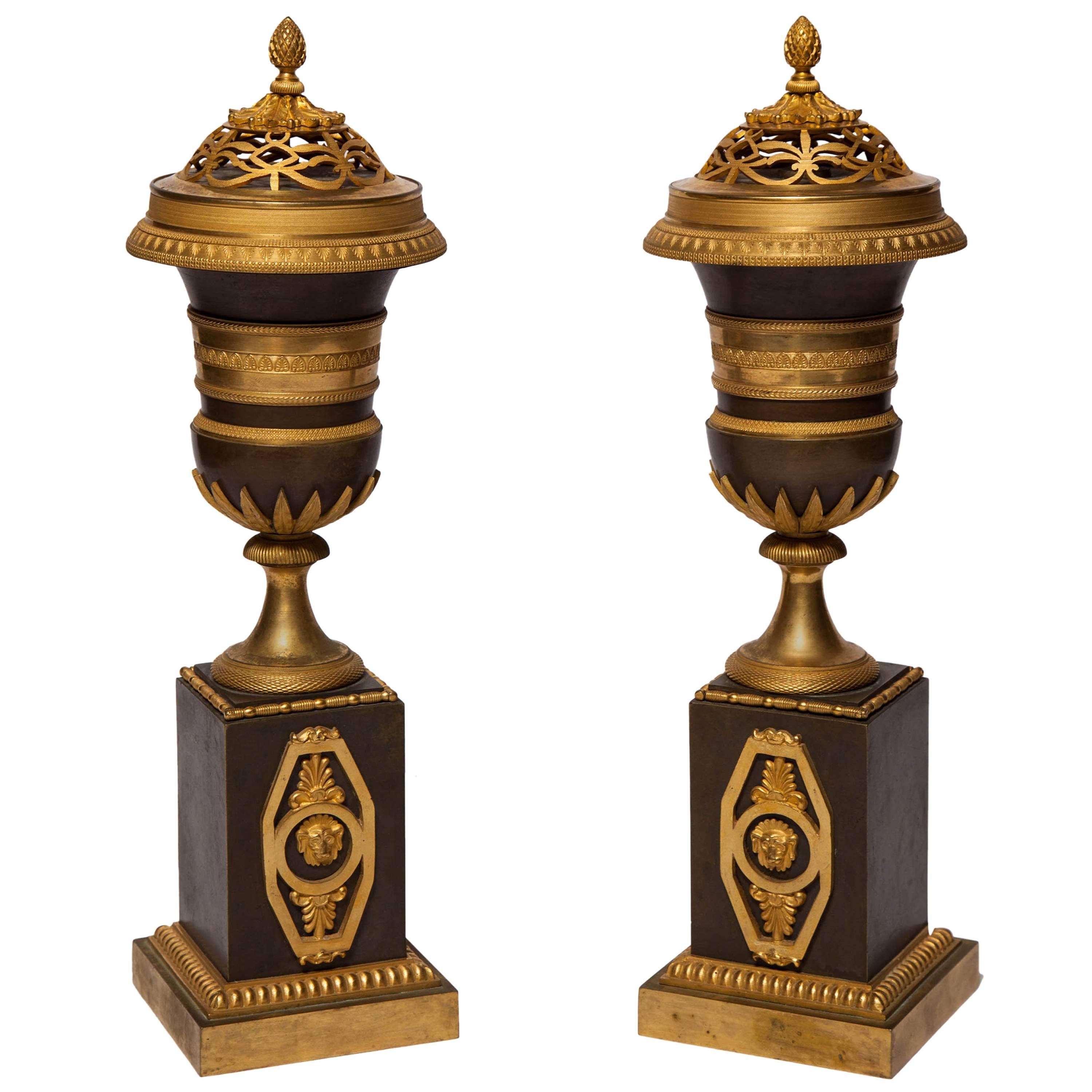 Pair of French/Russian Empire Gilt and Patinated Bronze Cassolettes