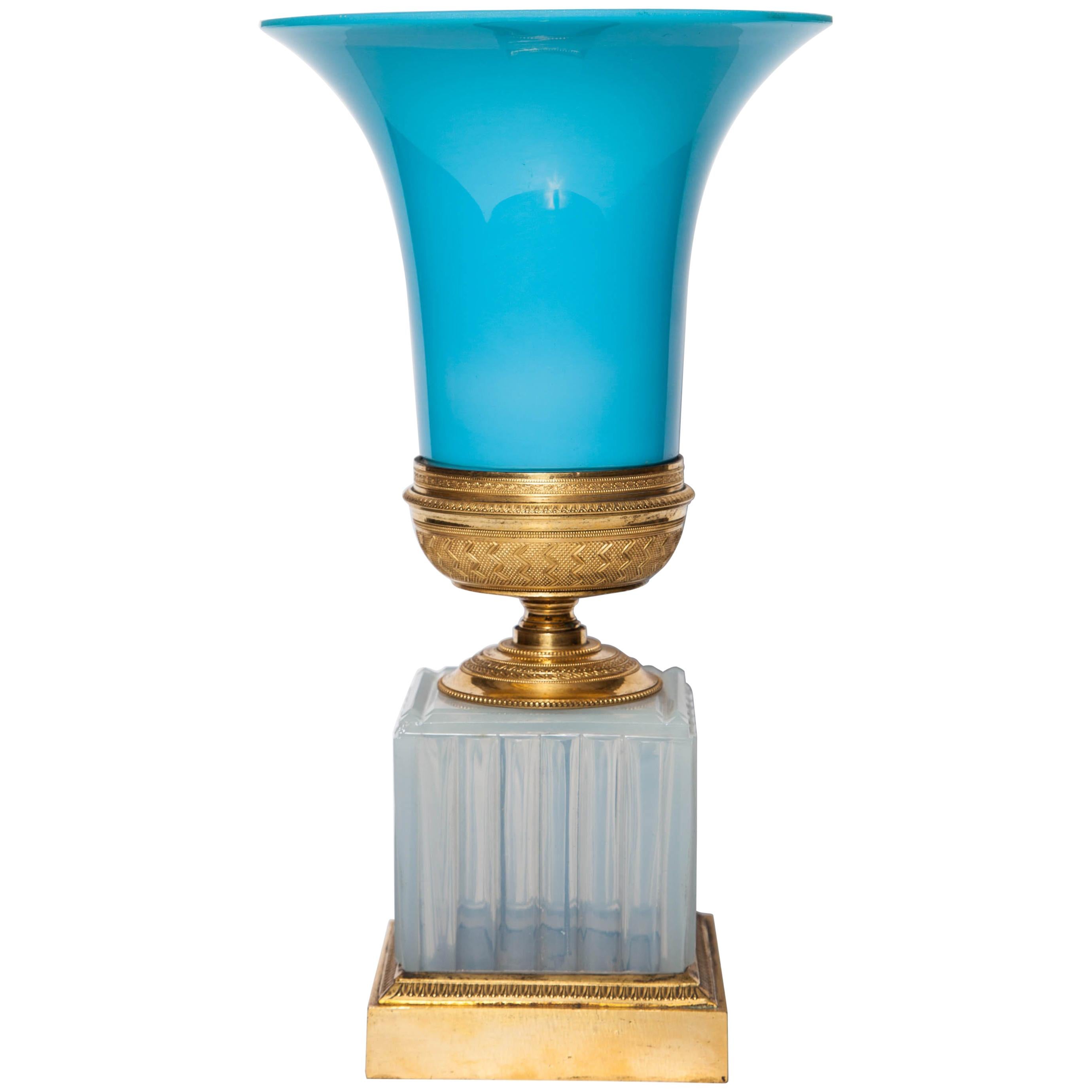 Russian Neoclassical Blue & White Opaline Ormolu mtd, Vase, Imperial Glass Mfg