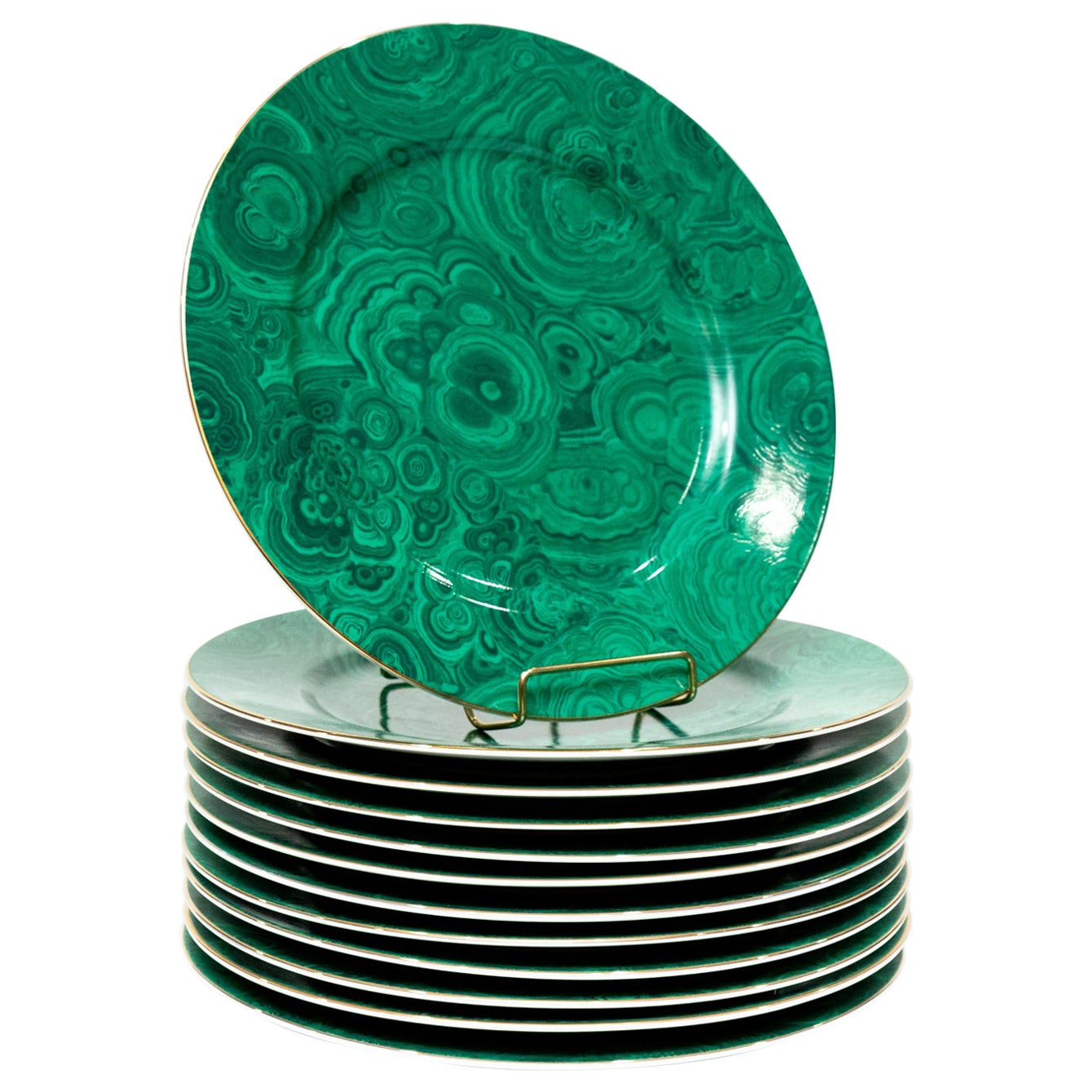 Neiman Marcus Mid-Century Green and Gold Faux Malachite Plate Chargers For Sale
