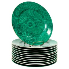 Neiman Marcus Mid-Century Green and Gold Faux Malachite Plate Chargers