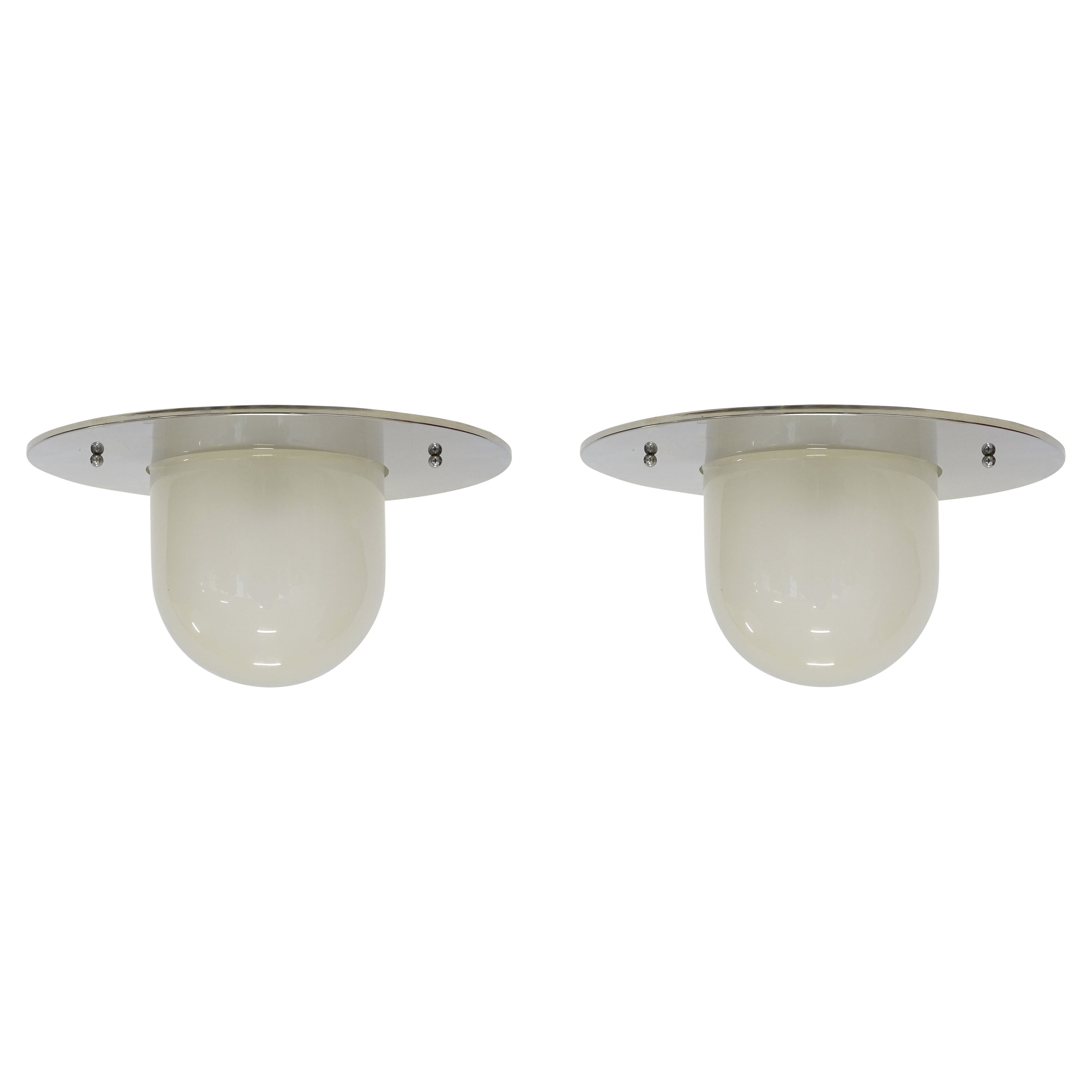 Pair of Italian Chrome and Glass Flush Mounts, 1960s