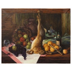 Peinture à l'huile sur toile signée Nature Morte représentant un lapin et des fruits, 20e siècle