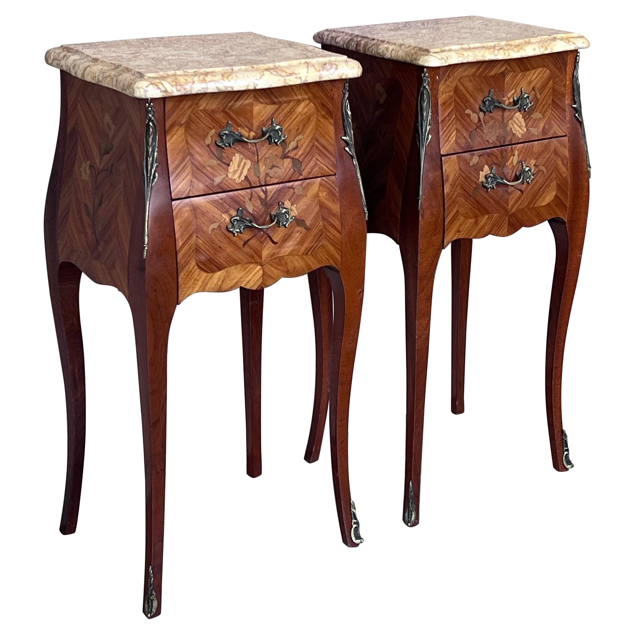 Antique Louis XV French Marquetry Marble Top Nightstands, Set of 2 For Sale