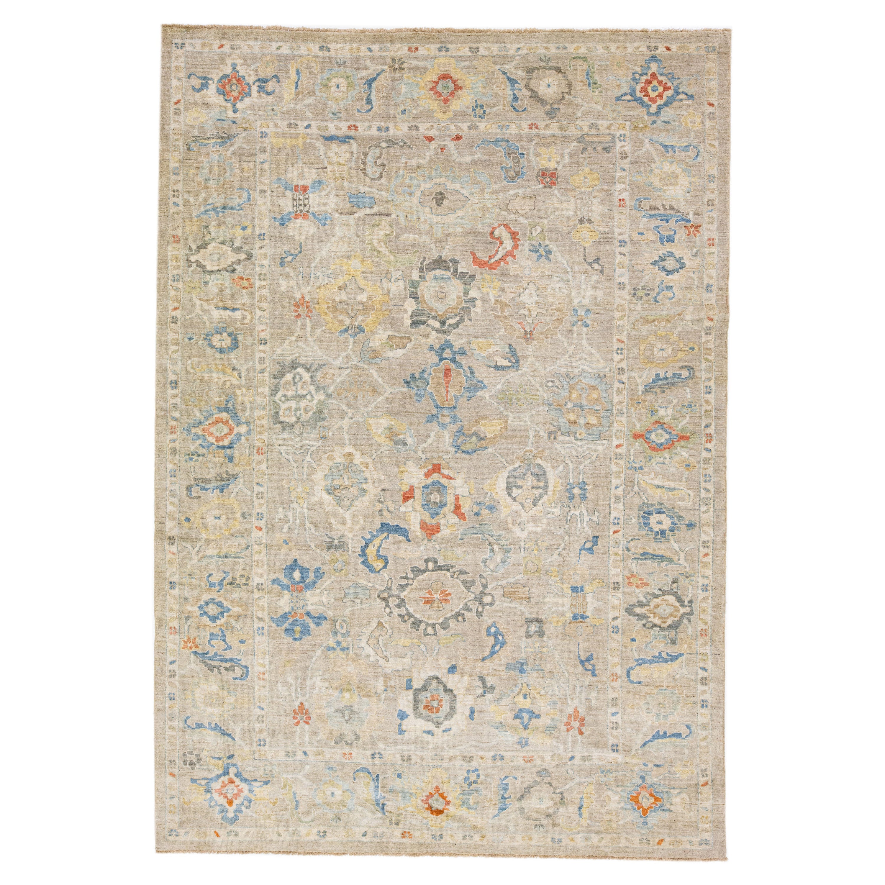 Floral Modern Sultanabad Handmade Wool Rug with Beige Field For Sale