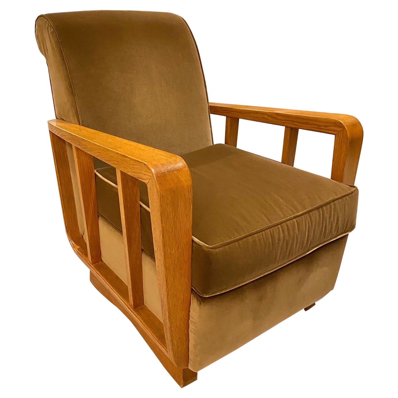 Rare Velvet Upholstered Oak Lounge Armchair by Maxime Old. For Sale