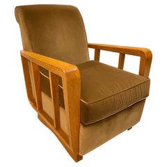 Rare Velvet Upholstered Oak Lounge Armchair by Maxime Old.