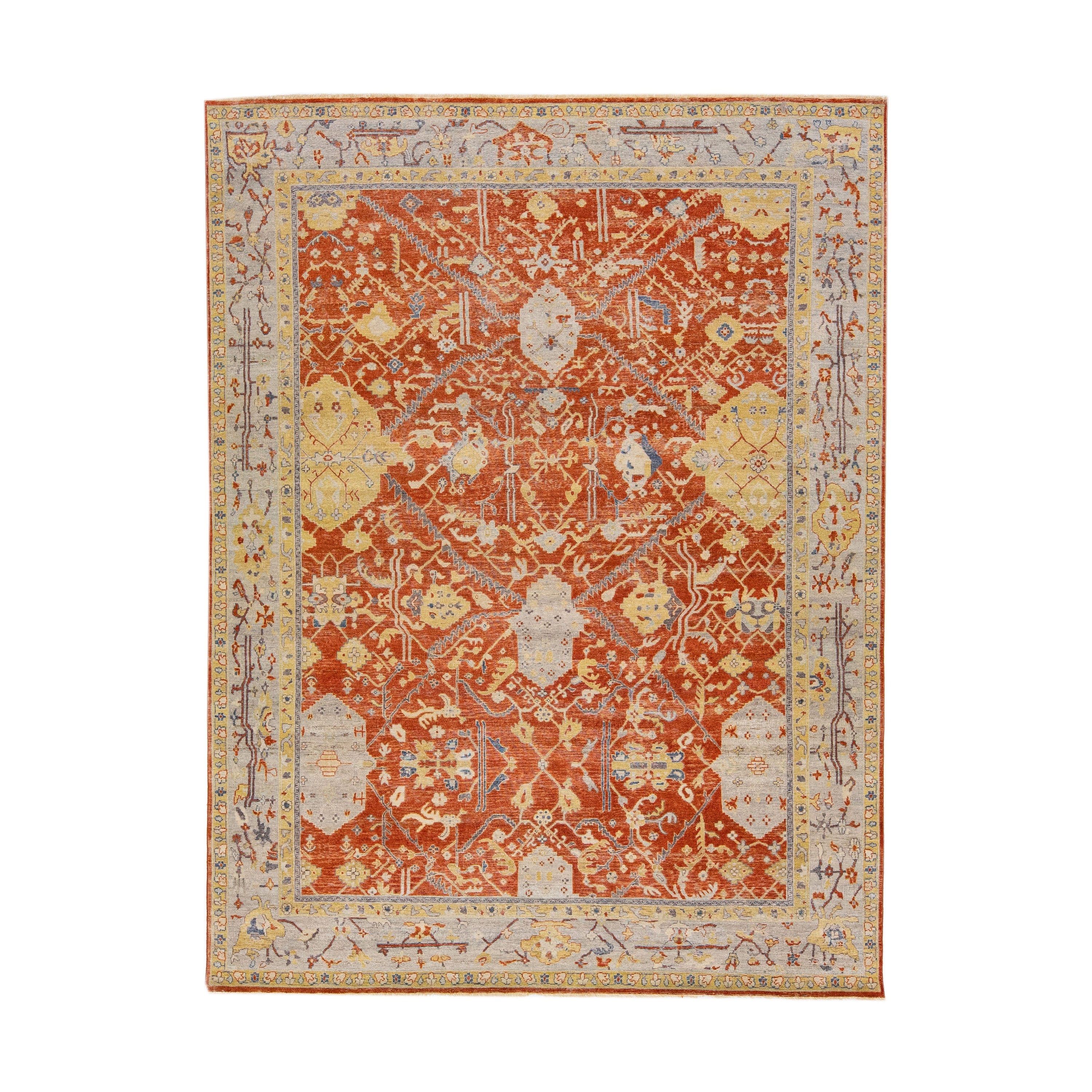Rust Modern Tabriz Handmade Indian Wool Rug with Floral Pattern by Apadana For Sale