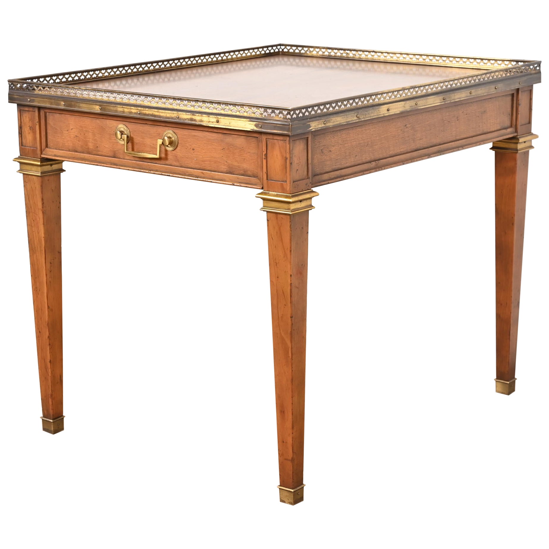 Baker Furniture French Regency Louis XVI Walnut, Burl Wood, and Brass Tea Table