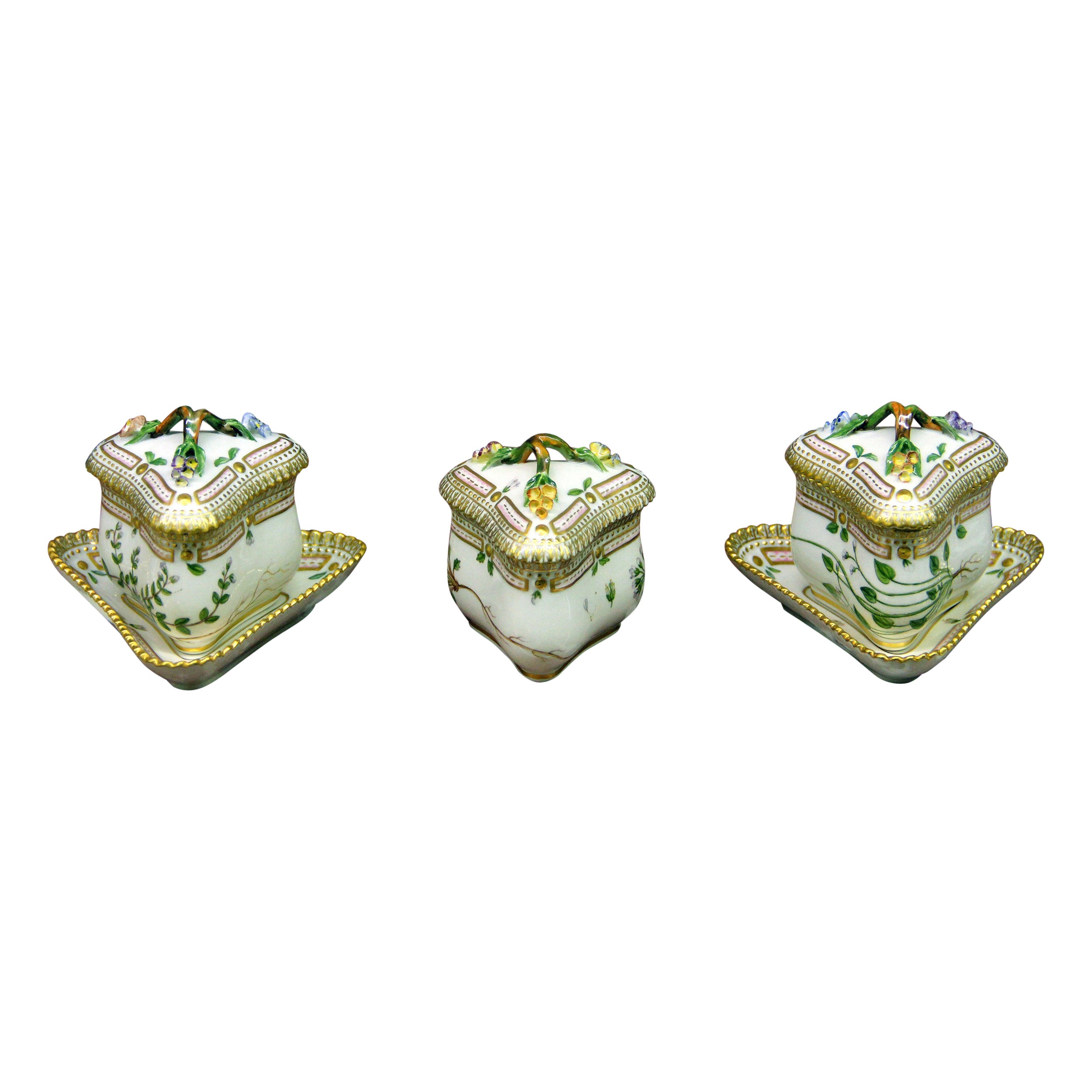 Set of Three 20th Century Royal Copenhagen Flora Danica Triangular Custard Cups