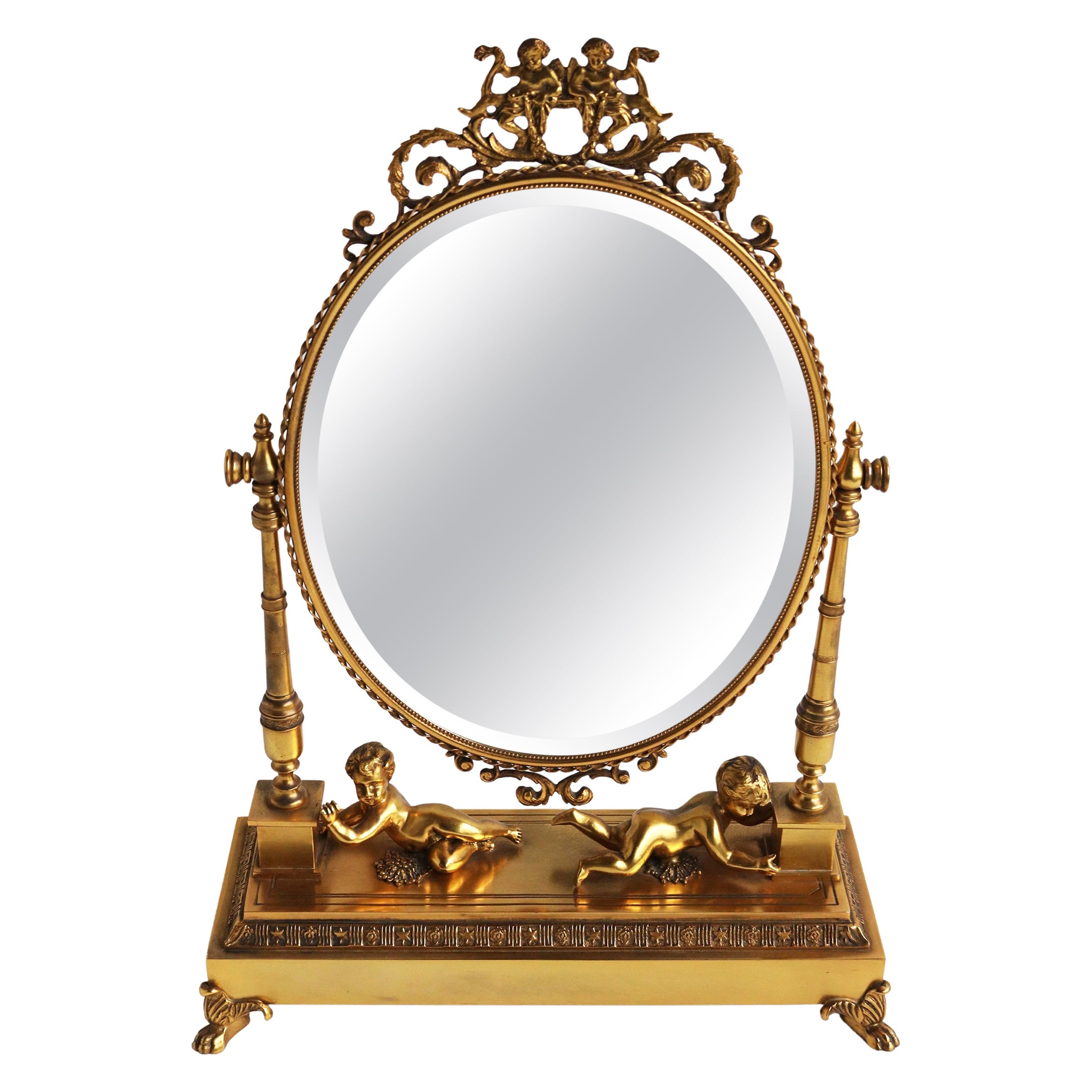 Antique Vanity Table Mirror en bronze doré Miroir ovale et chérubins, circa 1900 en vente