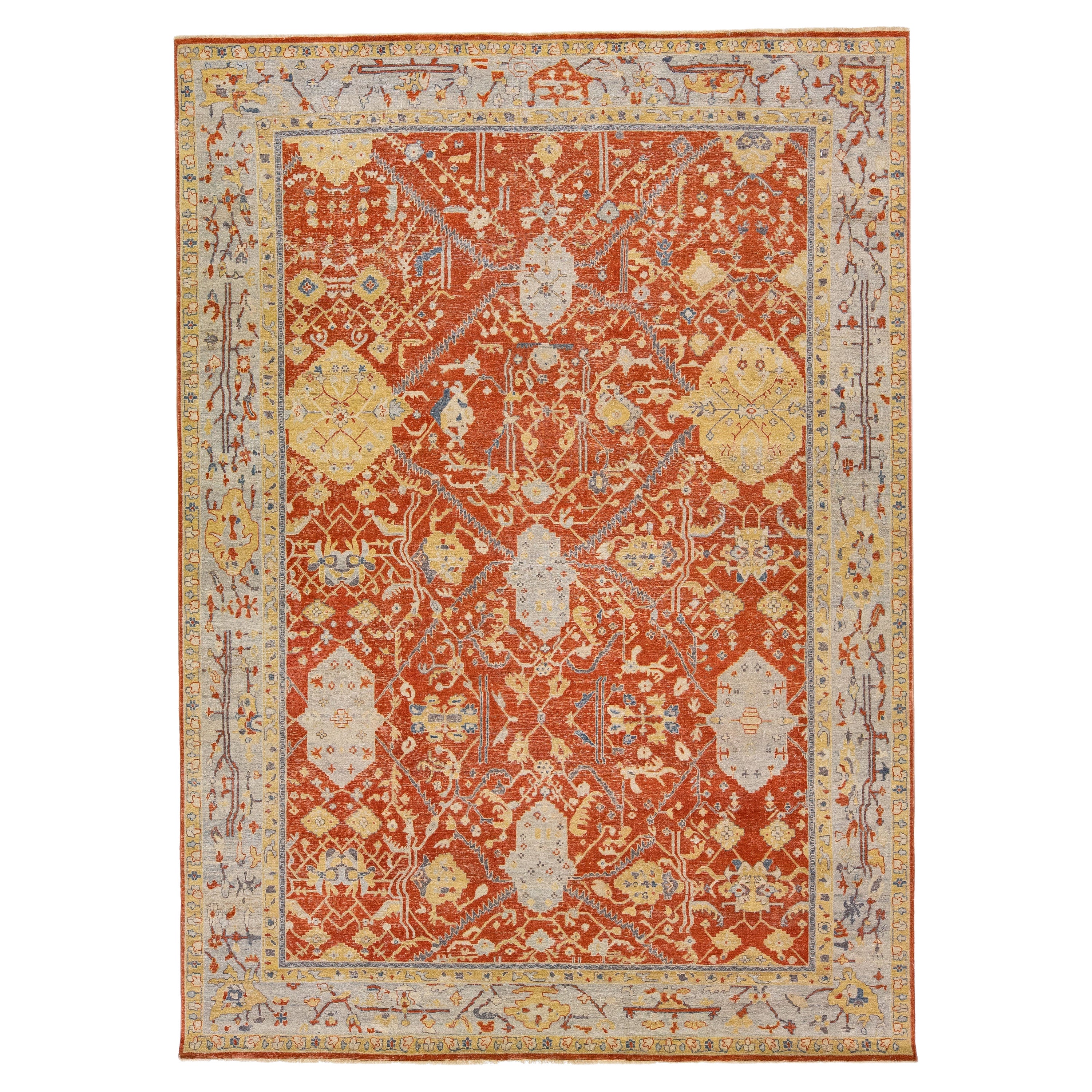 Moderner handgefertigter indischer Täbris-Teppich aus rostfarbener Wolle mit Blumenmotiv von Apadana im Angebot