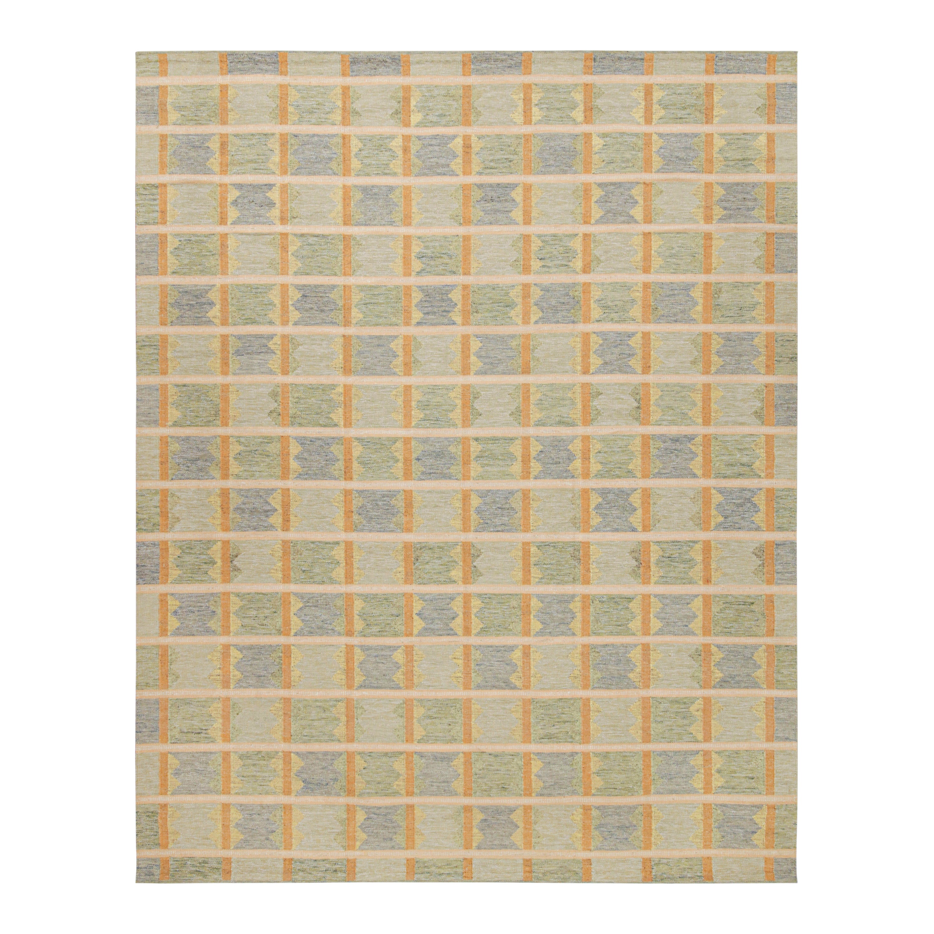 Rug & Kilim’s Scandinavian Style Kilim in Green, Blue & Orange Geometric Pattern For Sale