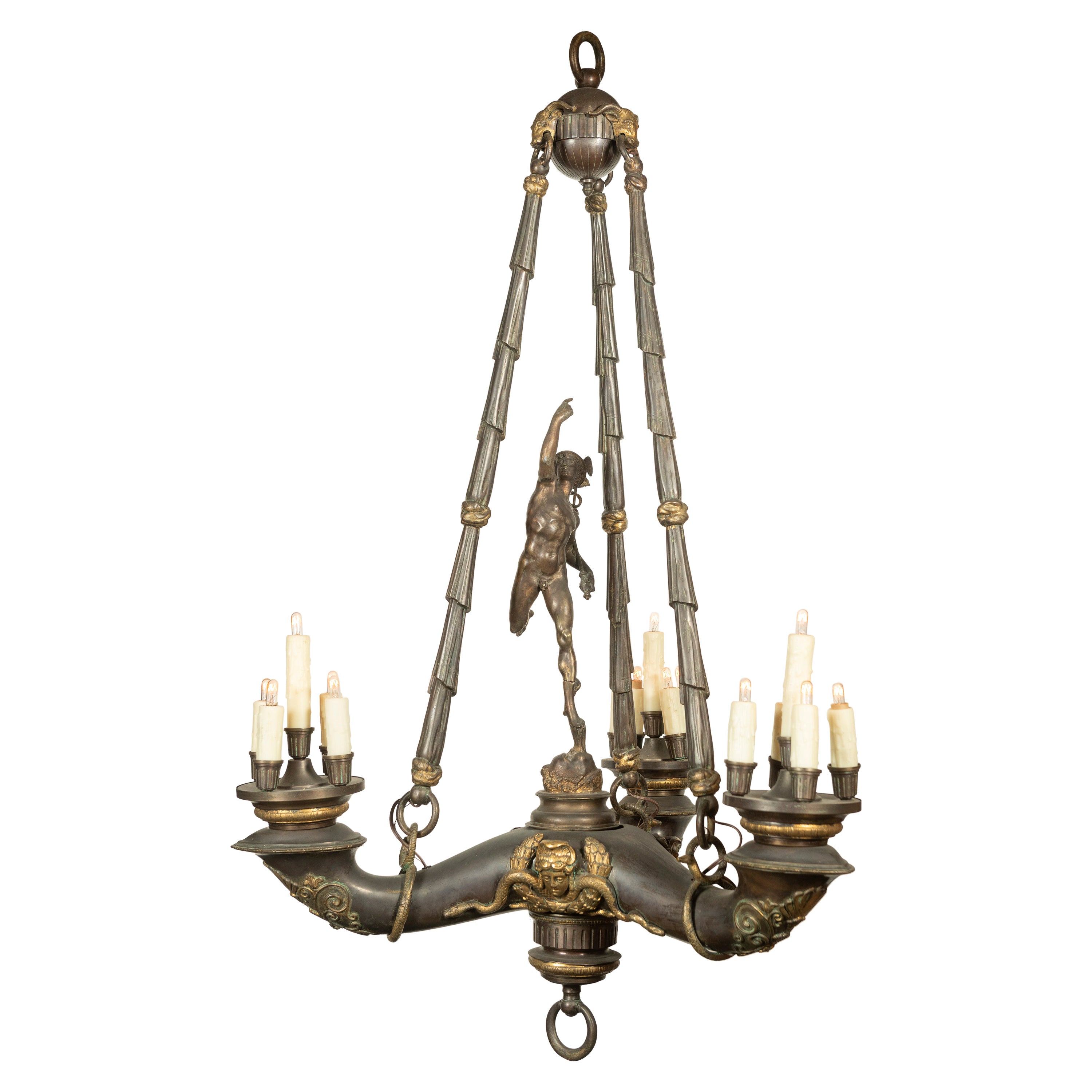 Antique Patinated Bronze Chandelier with Figure of Mercury and Three Arms For Sale