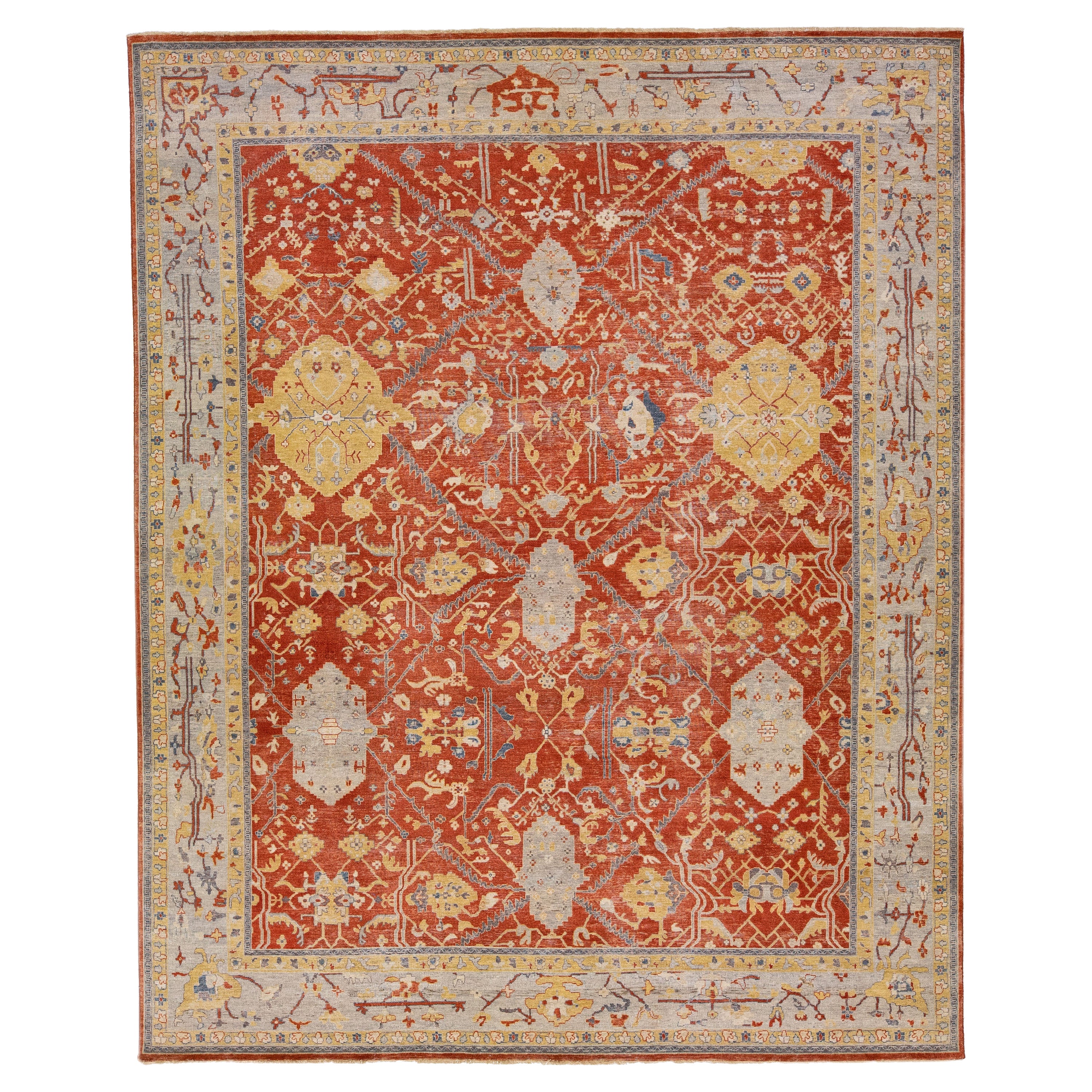 Modern Indian Tabriz Handmade Allover Wool Rug with Rust Field by Apadana