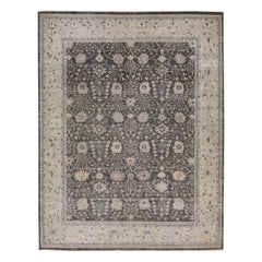 Charcoal Modern Handmade Indian Wool Rug With Floral Design by Apadana 