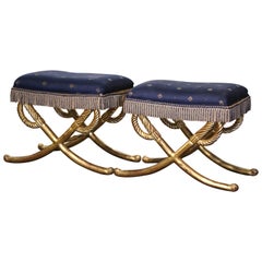 Pair of Early 20th Century French Carved Giltwood Stools with Cross Sword Motif