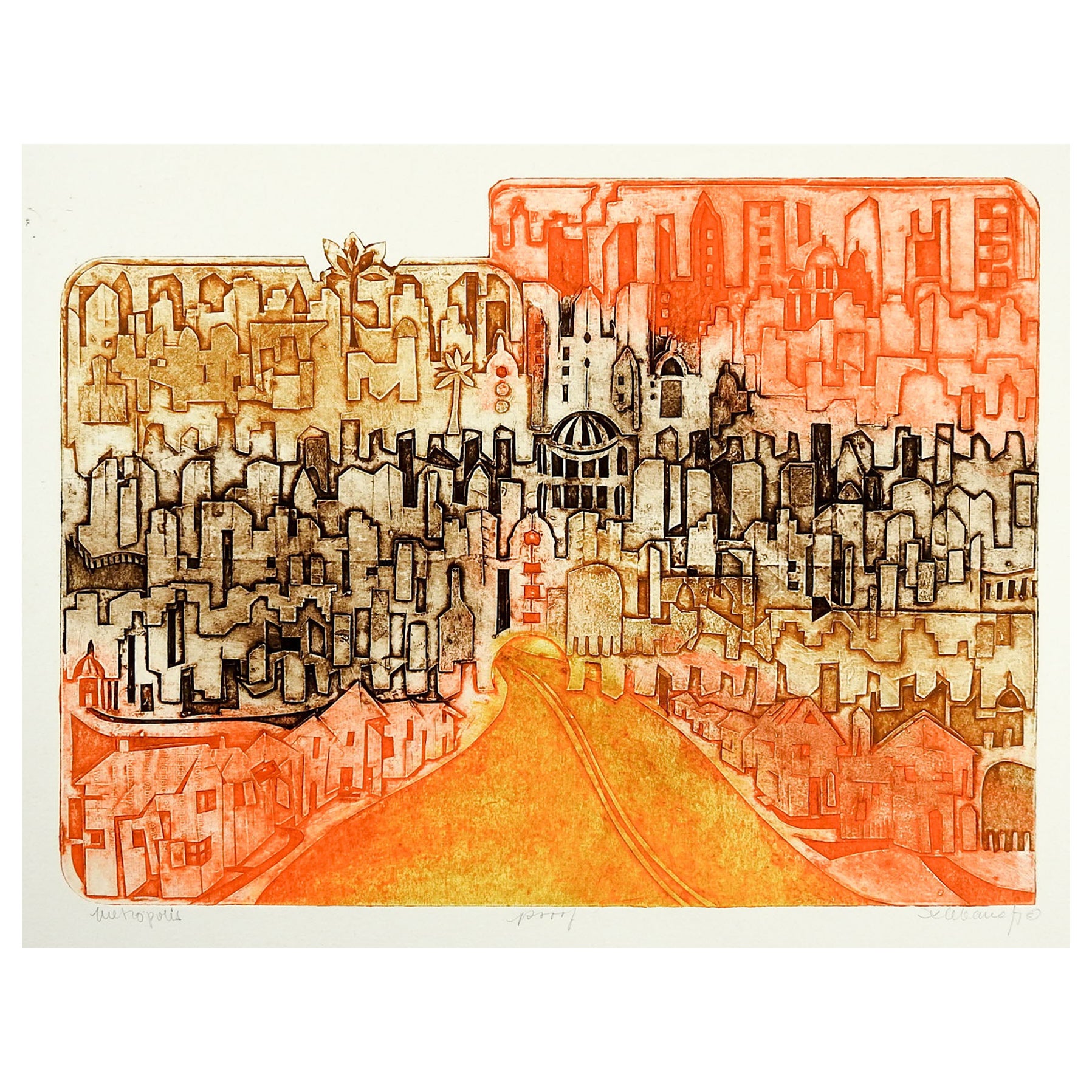 Mid-20th Century Anita Kebanoff "Metropolis" Etching For Sale