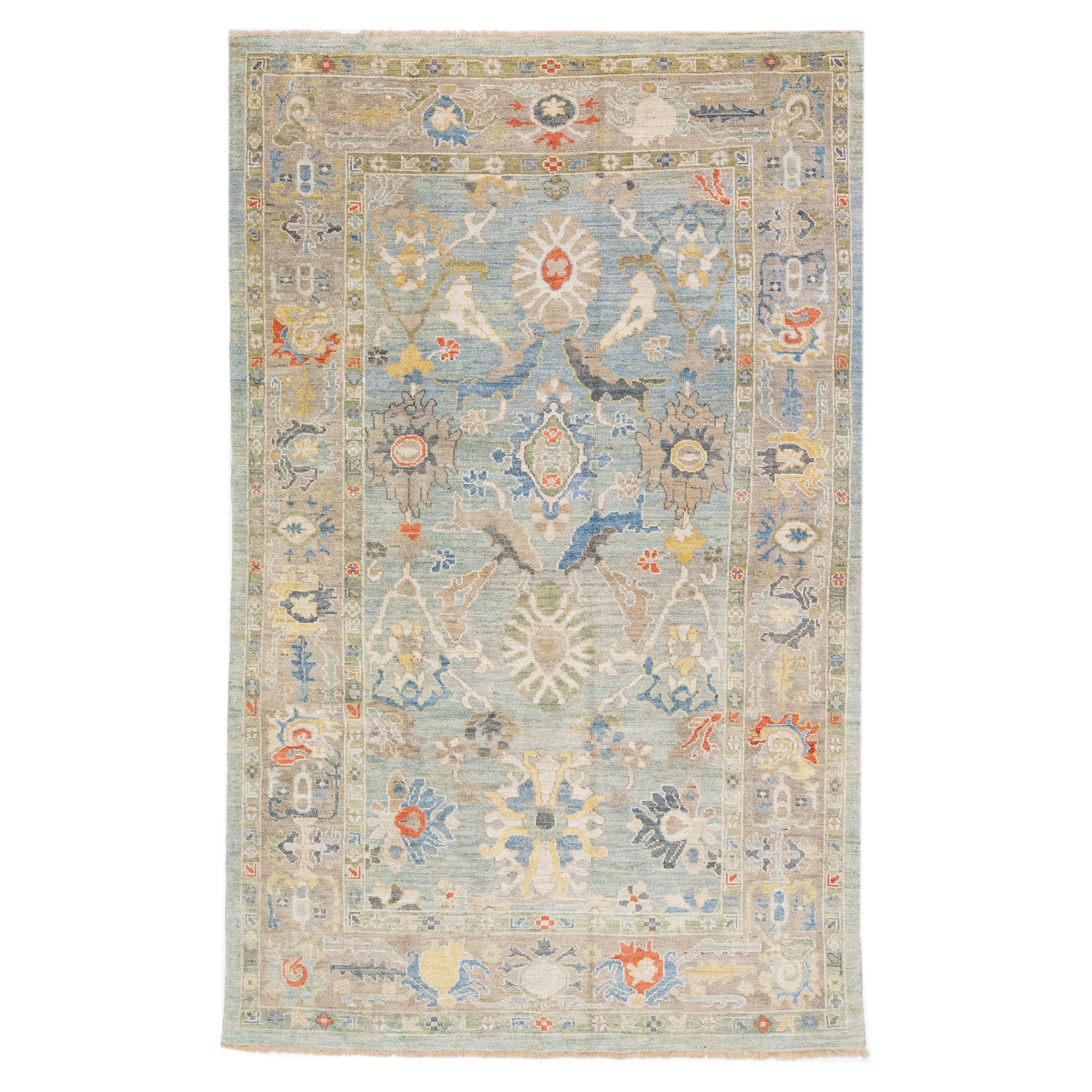 Modern Sultanabad Handmade Blue Wool Rug with Floral Motif