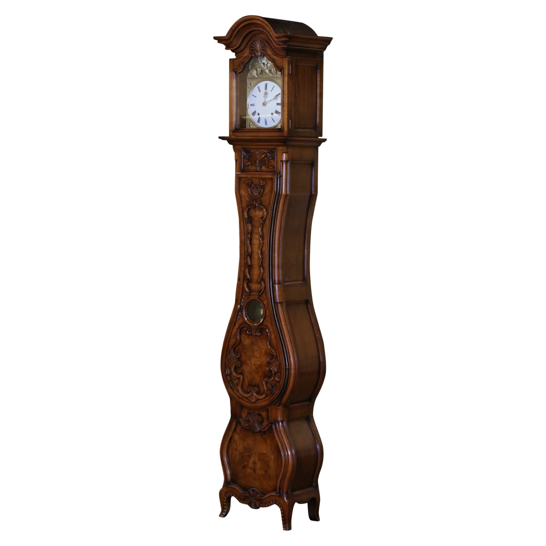 20th Century French Louis XV Carved Burl Wood Grandfather Clock from Lyon Region For Sale