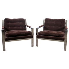 Mid Century Modern Pair of Milo Baughman Chrome Lounge Armchairs