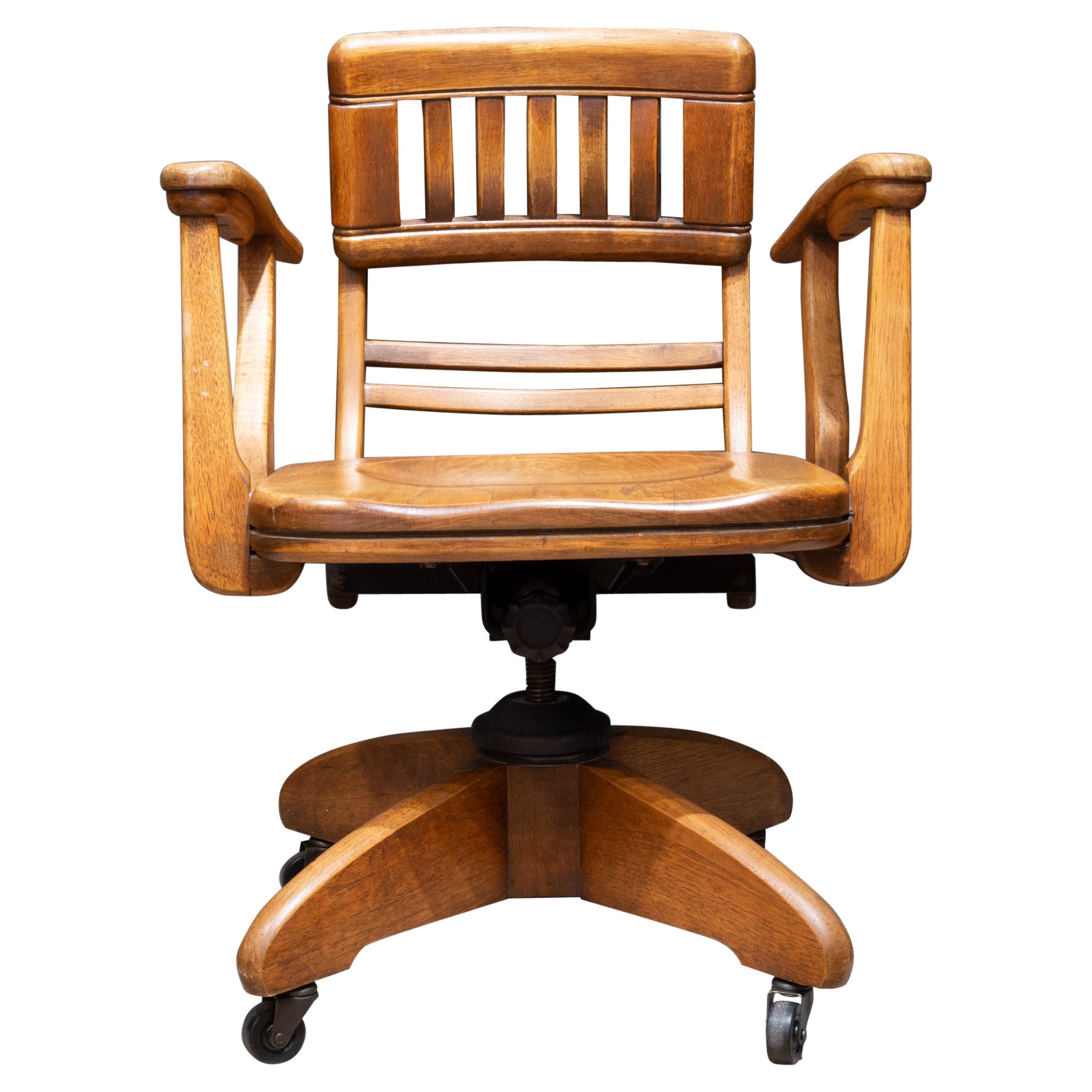 Rare Antique Adjustable Swivel Oak Desk Chair with Floating Back Rest c.1926 For Sale