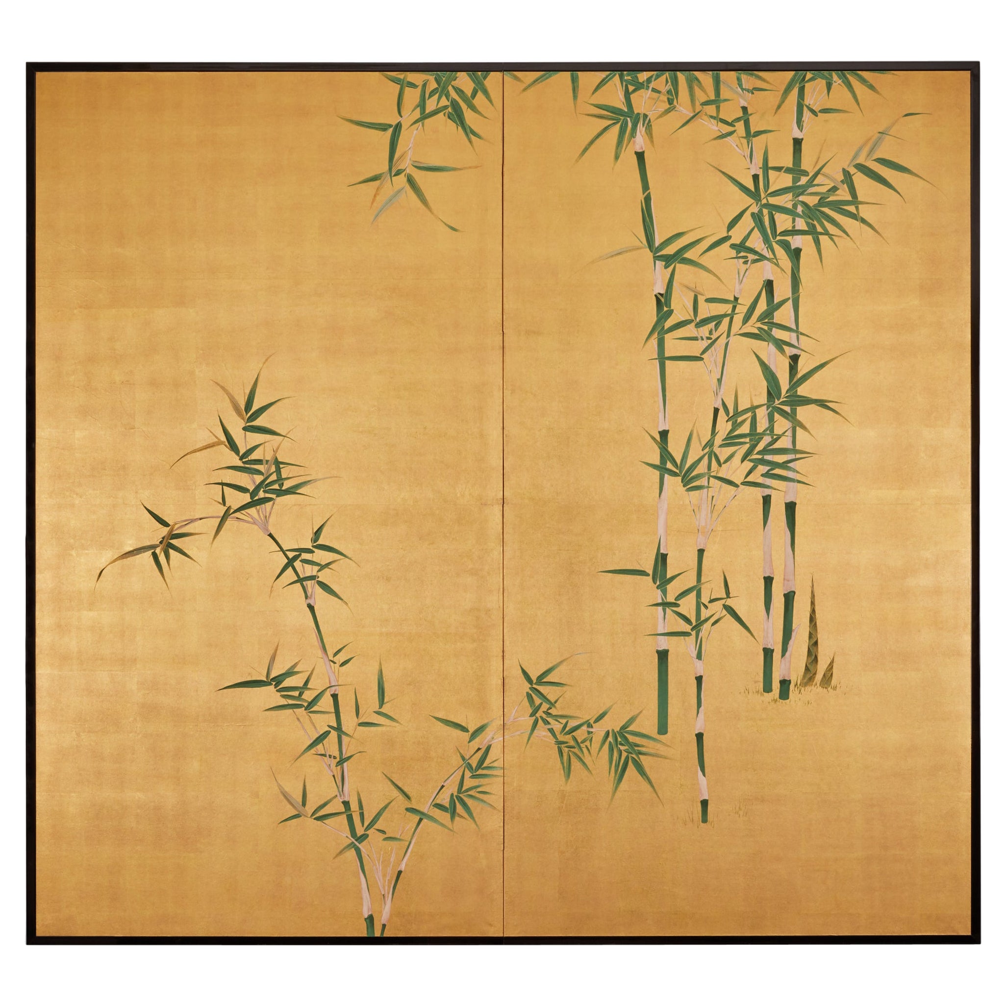 Japanese Two Panel Screen: Young Bamboo on Gold For Sale