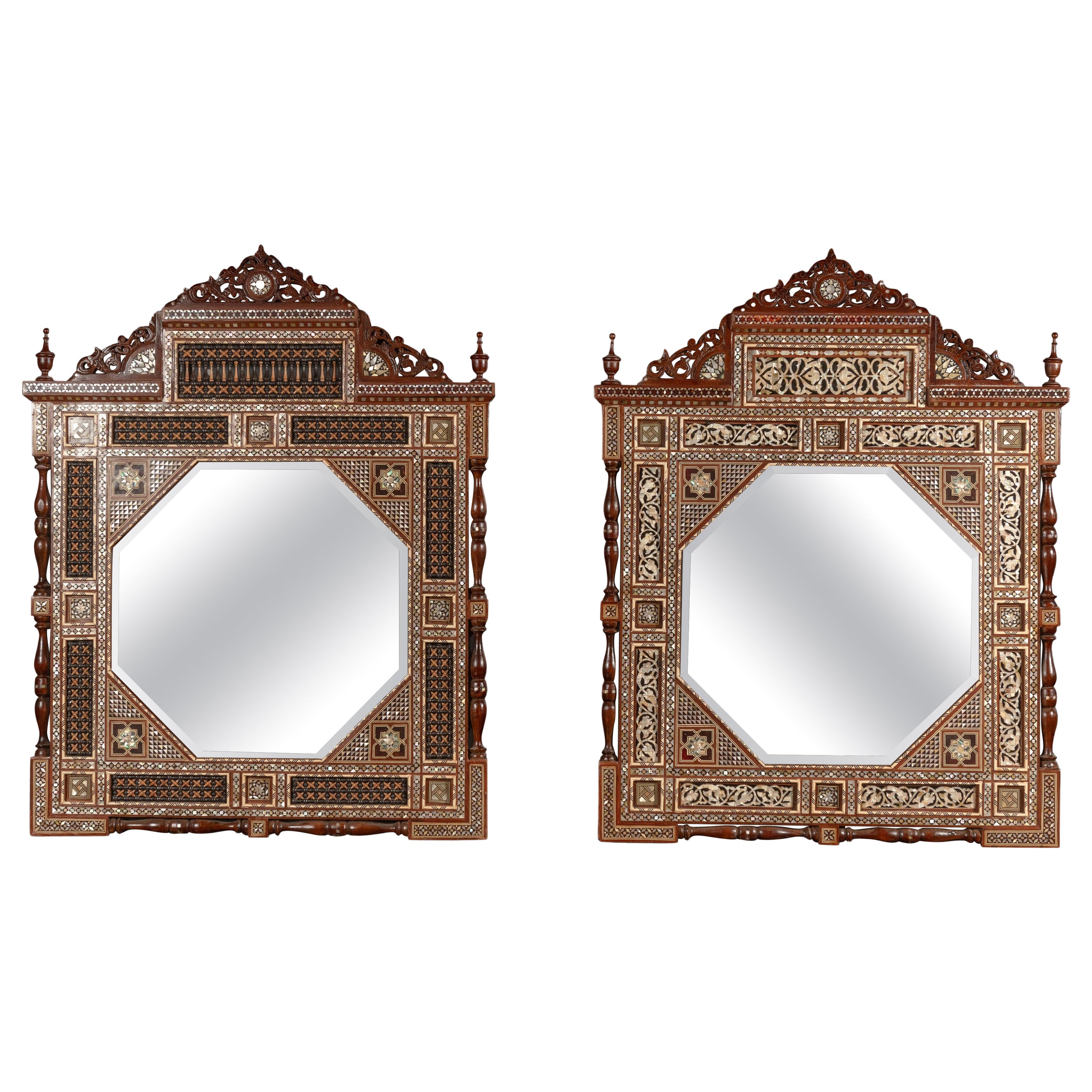 Two Unique Syrian Mirrors with Mother of Pearl Inlay and Wooden Marquetry  For Sale