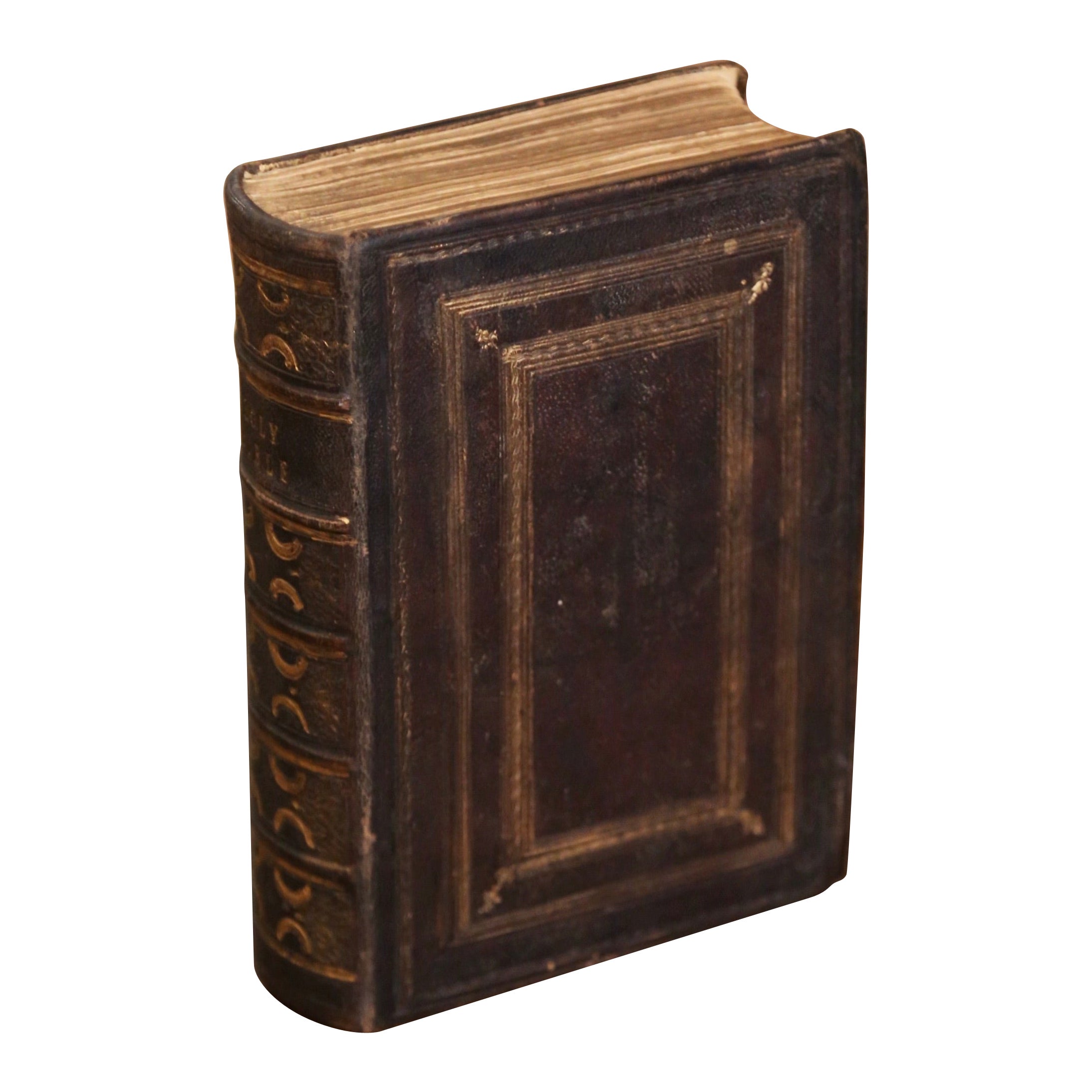 Bible anglaise du 19ème siècle, reliée en cuir brun gaufré et doré, datée de 1847
