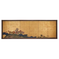 Japanese Six Panel Screen: Chrysanthemums on Gold Leaf