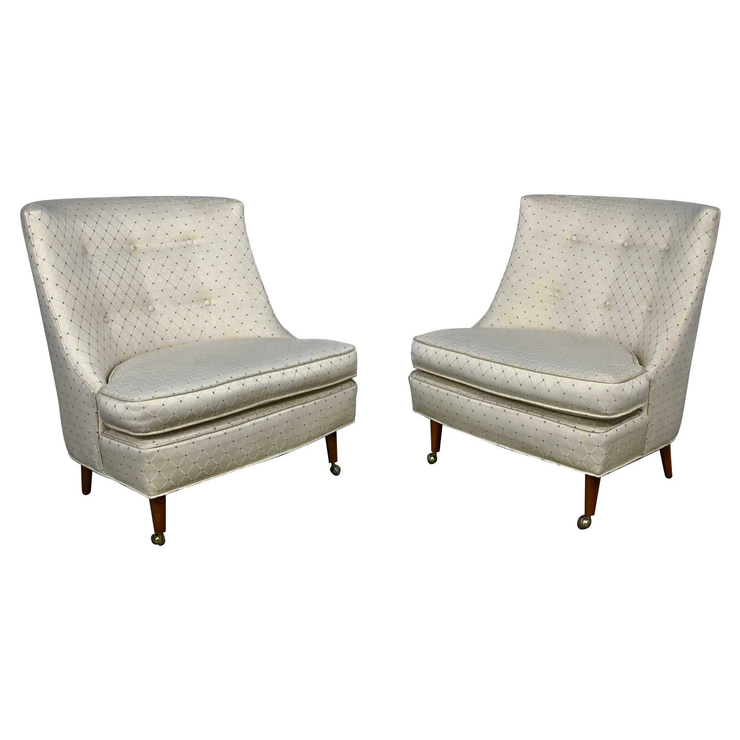 MCM Hollywood Regency - Chaises pantoufles à dossier boutonné en tissu arlequin bleu et huîtres