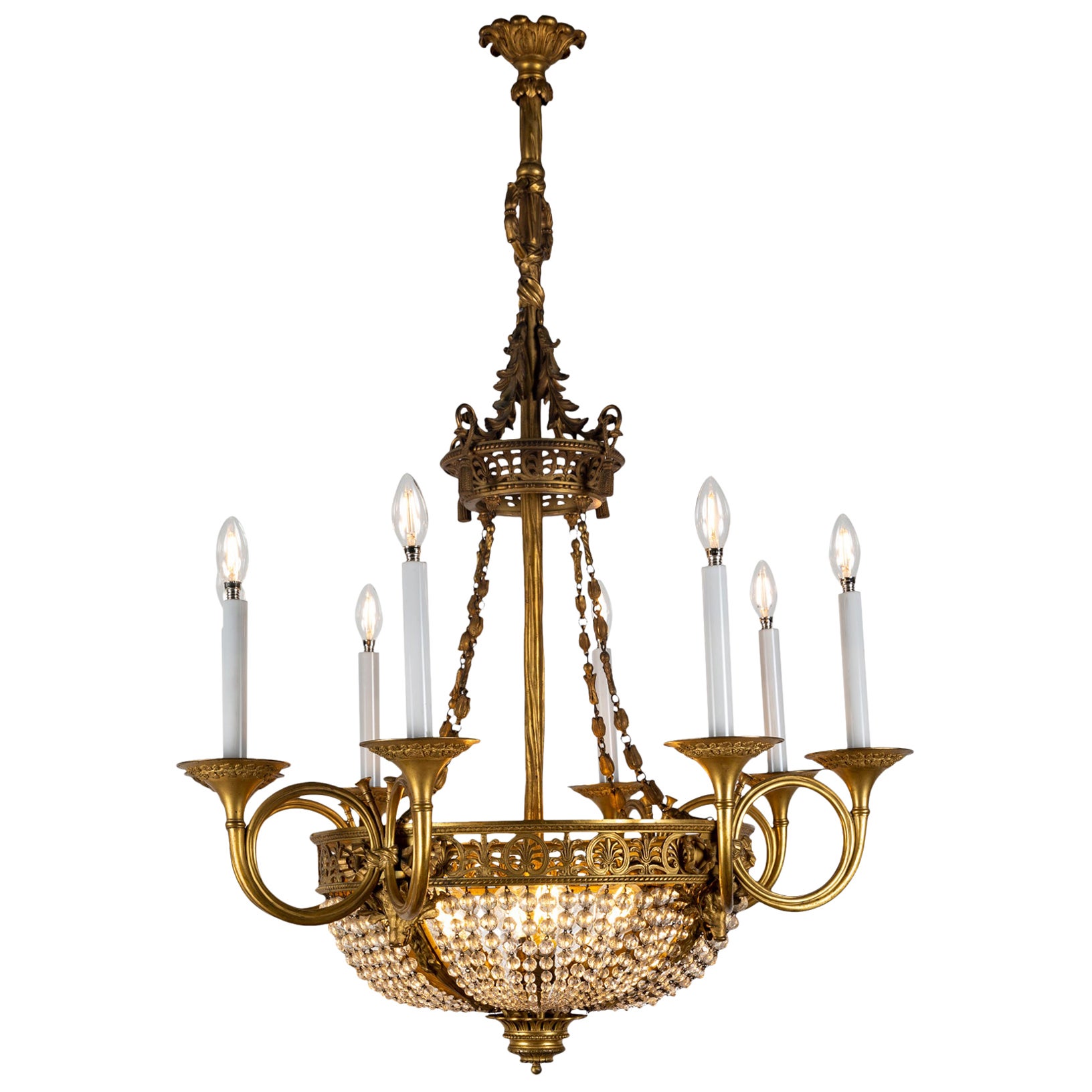 Large French Directoire Period Bronze and Crystal Twelve Light Chandelier