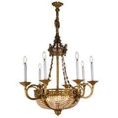 Large French Directoire Period Bronze and Crystal Twelve Light Chandelier