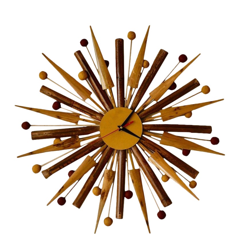 Natural Rattan and Bamboo Mid Century style Starburst Clock Hand Made