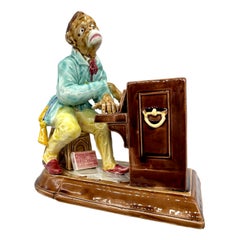Sarreguemines Majolica Organ Grinder Monkey Figural Smoking Stand, French, 1880