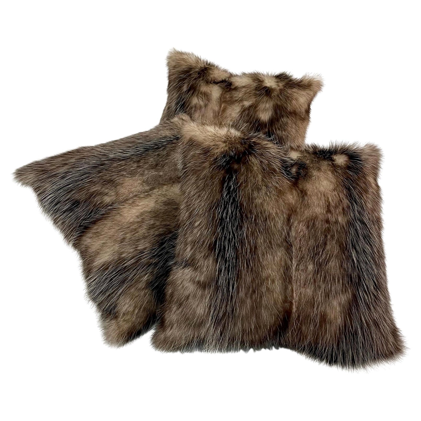 Set of 3 Fur Cushion with Cotton / Down Feather Insert, Opossum   For Sale
