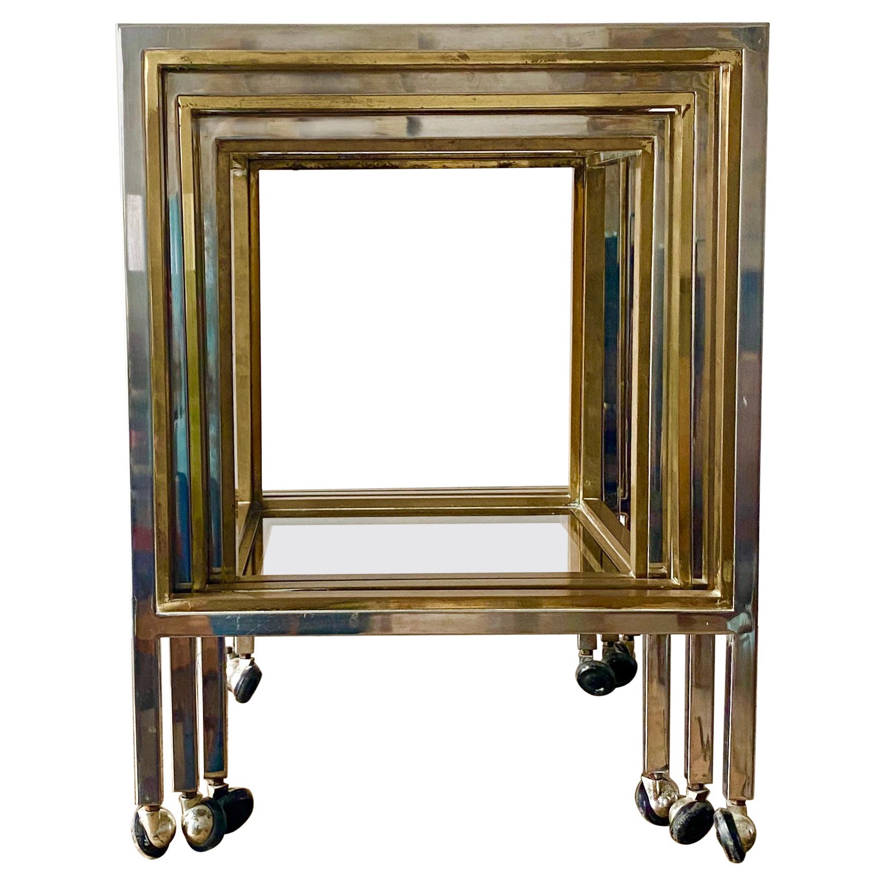 Italien Set of 3 Nesting Tables in Brass Chrome and Smoked Glass