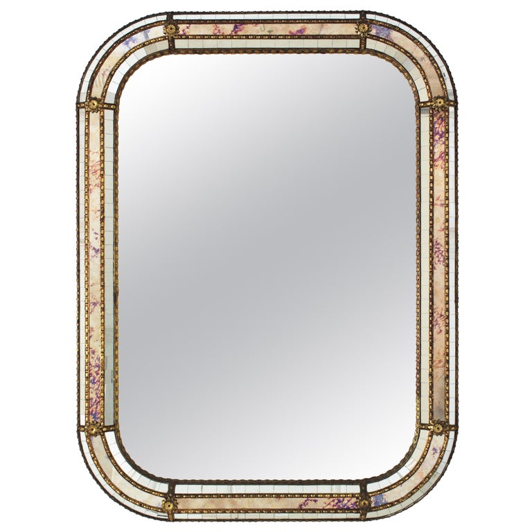 Style Rectangular Mirror with Brass Details For Sale at 1stDibs