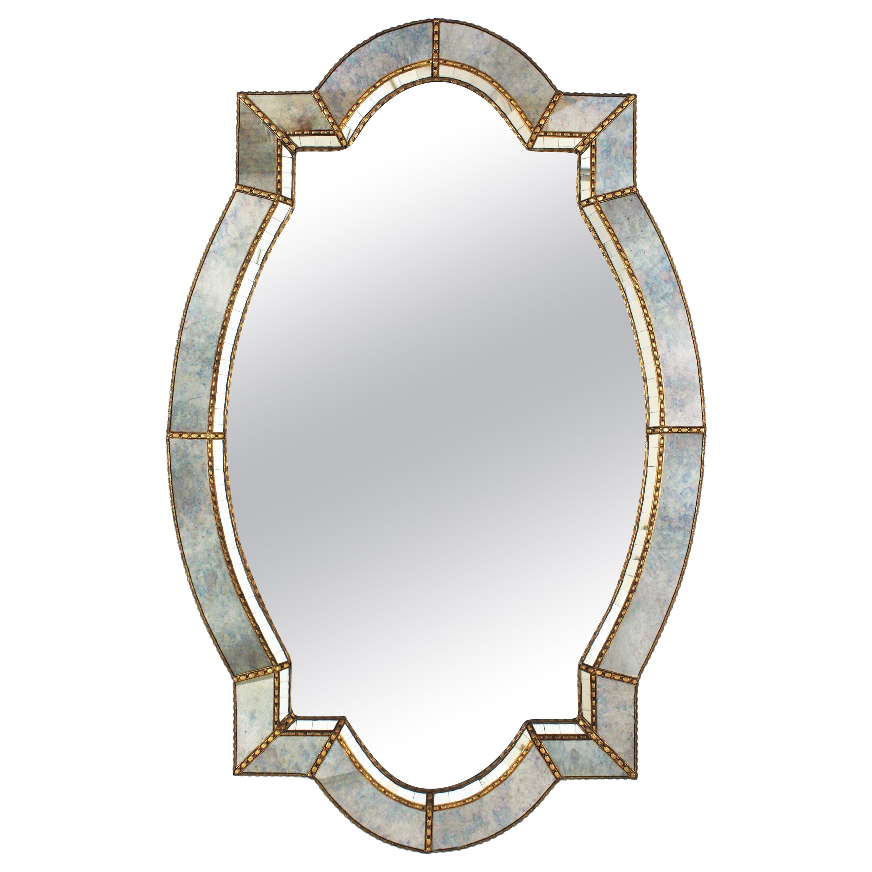 Venetian Style Large Mirror with Iridiscent Blue Glass and Brass Frame