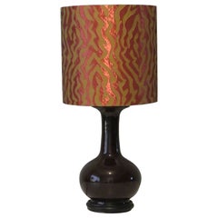 Retro MCM Oriental Table Lamp in Very Dark Brown Ceramic with Custom-Made Lampshade