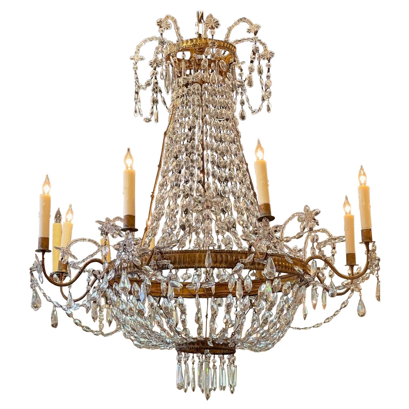 18th Century Italian Gilt Brass and Crystal Chandeliers For Sale